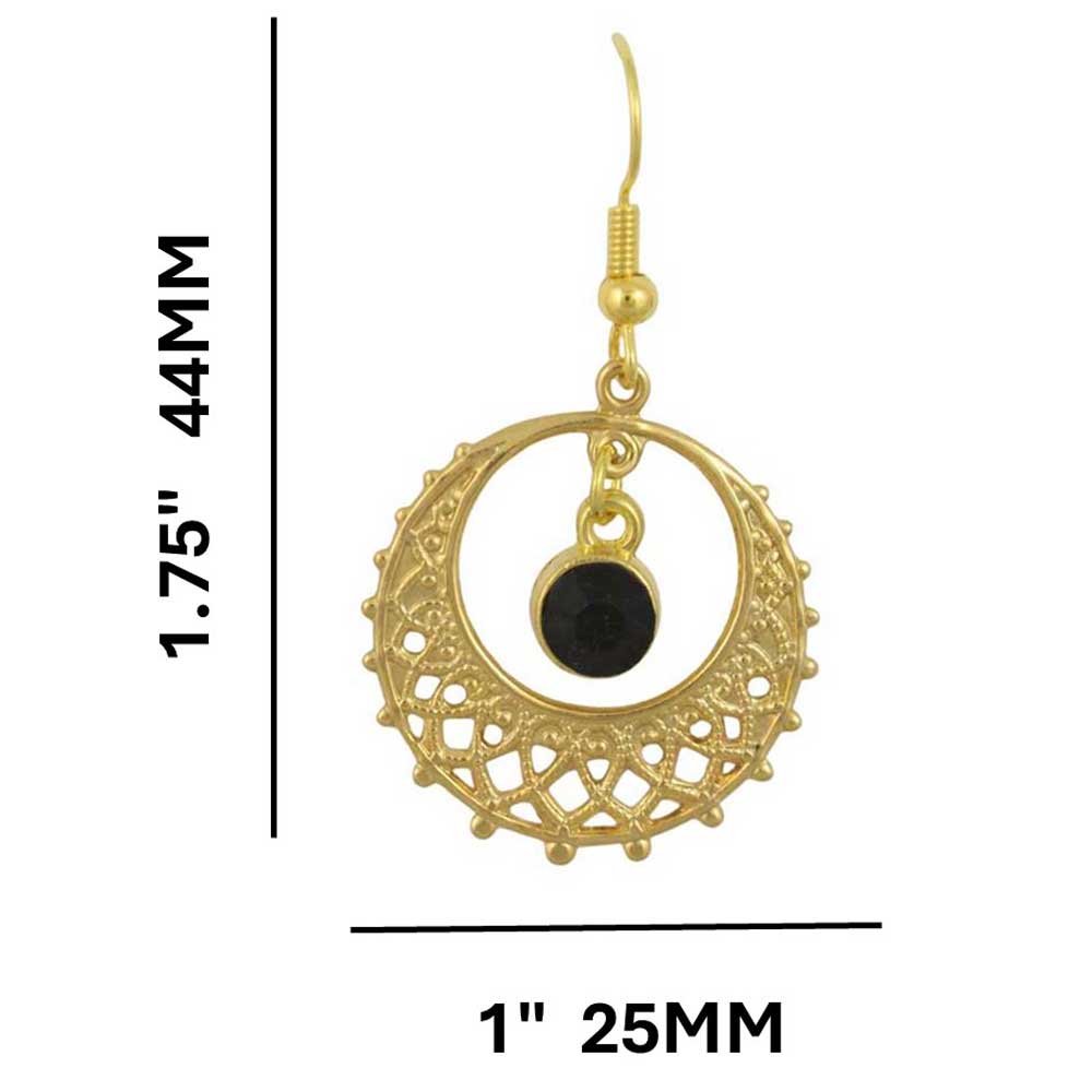 Gold filigree earrings with black crystal and measurements on a white background - Lilylin Designs