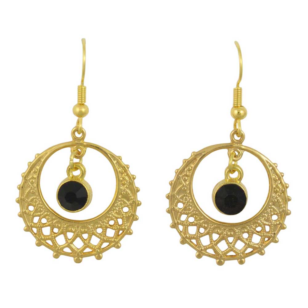 Gold filigree earrings with black crystal on a white background - Lilylin Designs