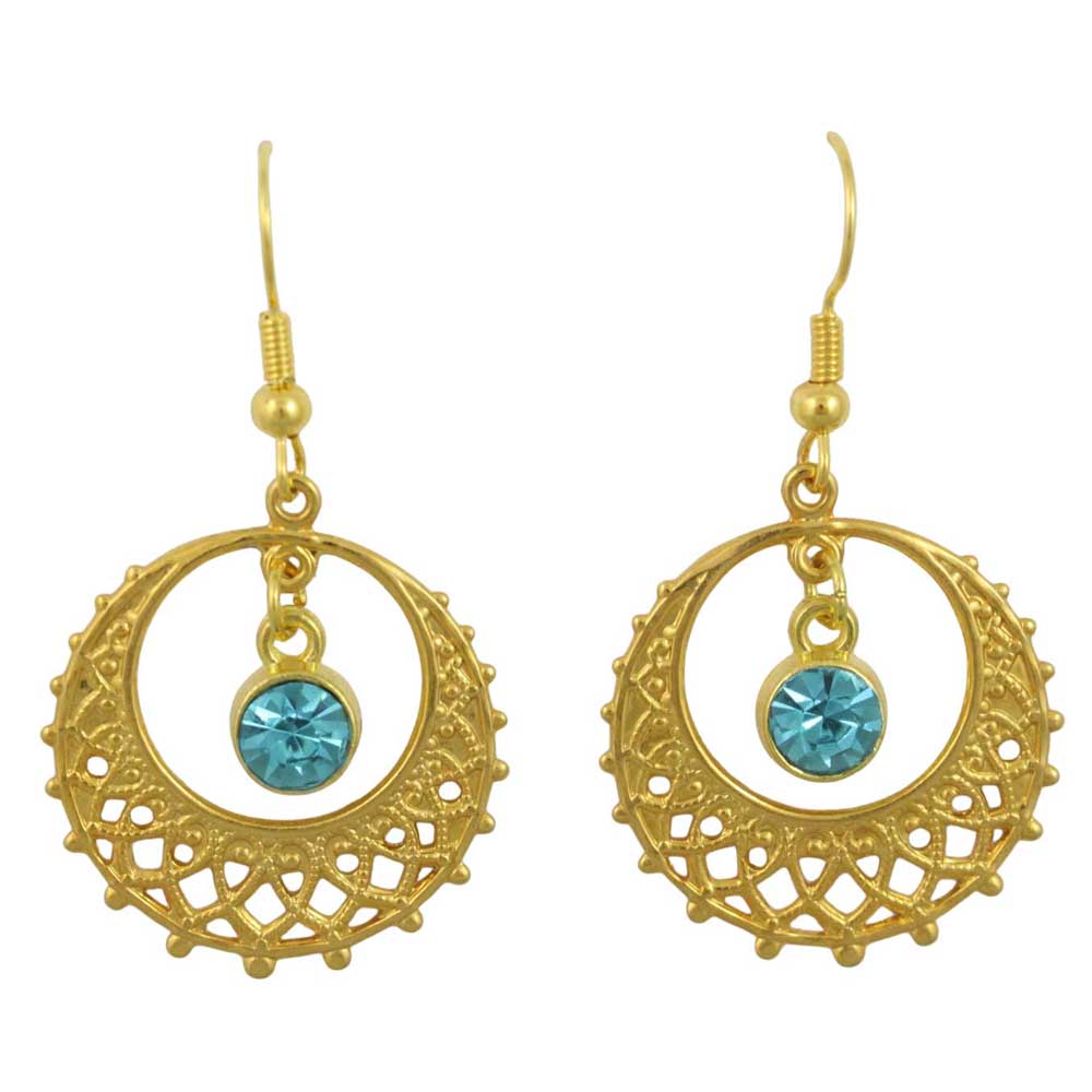 Gold filigree earrings with blue crystal on a white background - Lilylin Designs