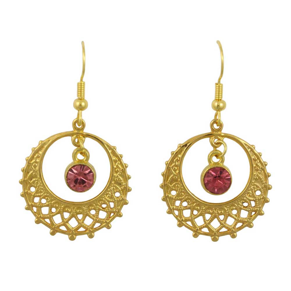 Gold filigree earrings with pink crystal on a white background - Lilylin Designs