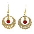 Gold filigree earrings with red crystal on a white background - Lilylin Designs