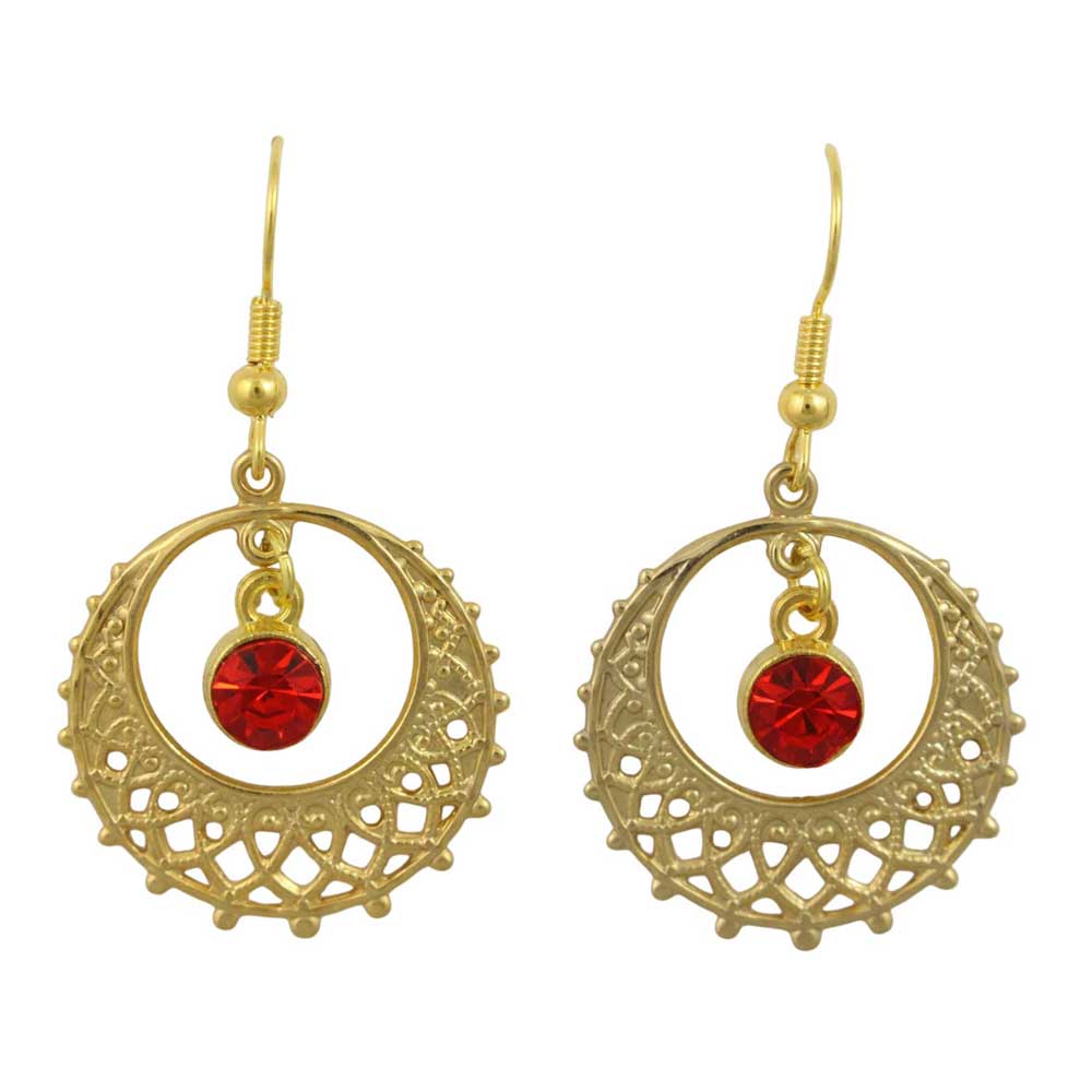 Gold filigree earrings with red crystal on a white background - Lilylin Designs