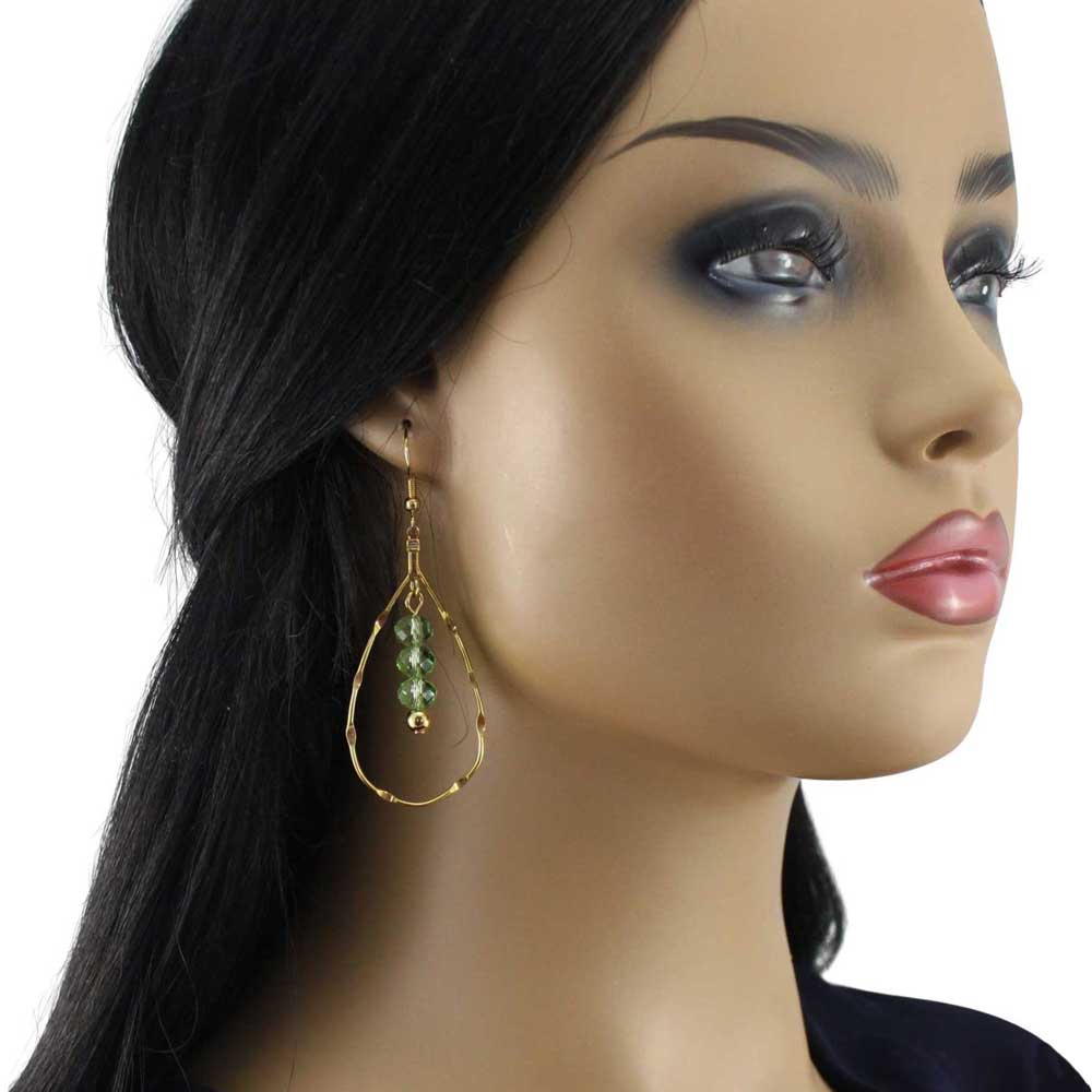 Mannequin wearing open teardrop earring with green beads - Lilylin Designs