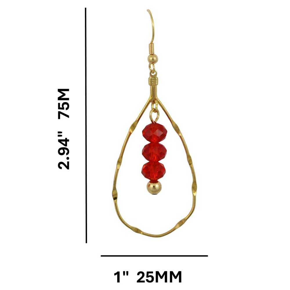 Gold teardrop earring with red beads and measurements on a white background - Lilylin Designs