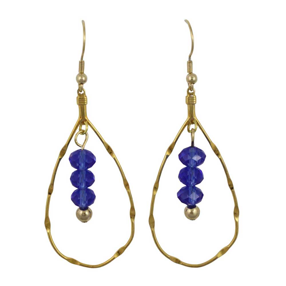 Gold teardrop earrings with blue beads on a white background - Lilylin Designs