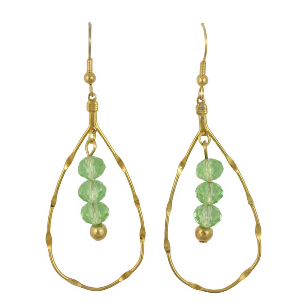 Gold teardrop earrings with green beads on a white background - Lilylin Designs