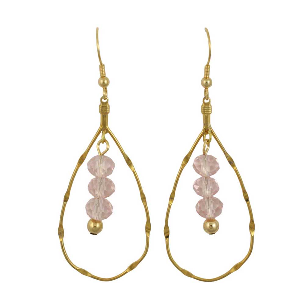 Gold teardrop earrings with pink beads on a white background - Lilylin Designs