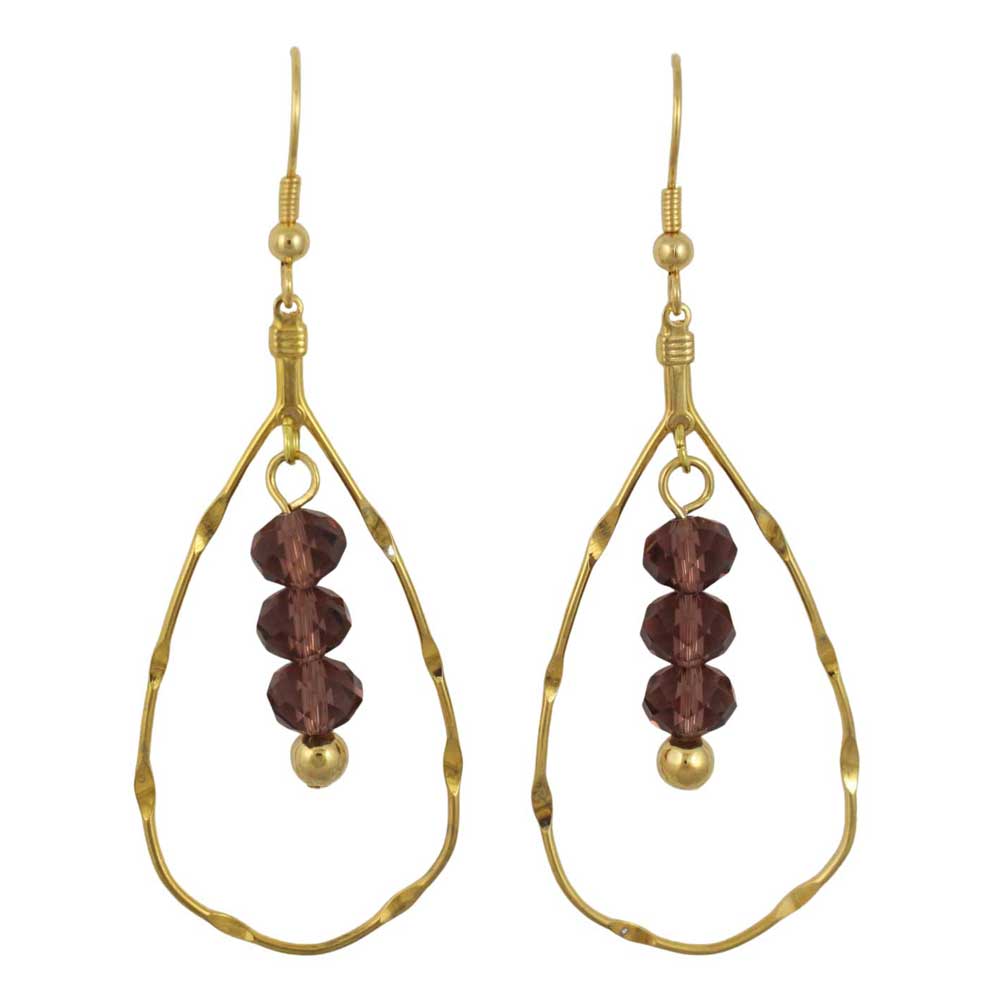 Gold earrings with dark purple beads on a white background - Lilylin Designs