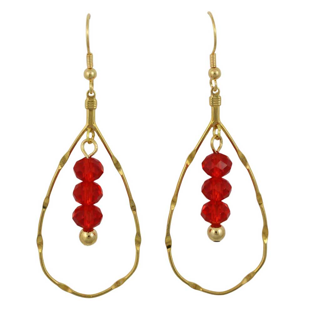 Gold teardrop earrings with red beads on a white background - Lilylin Designs