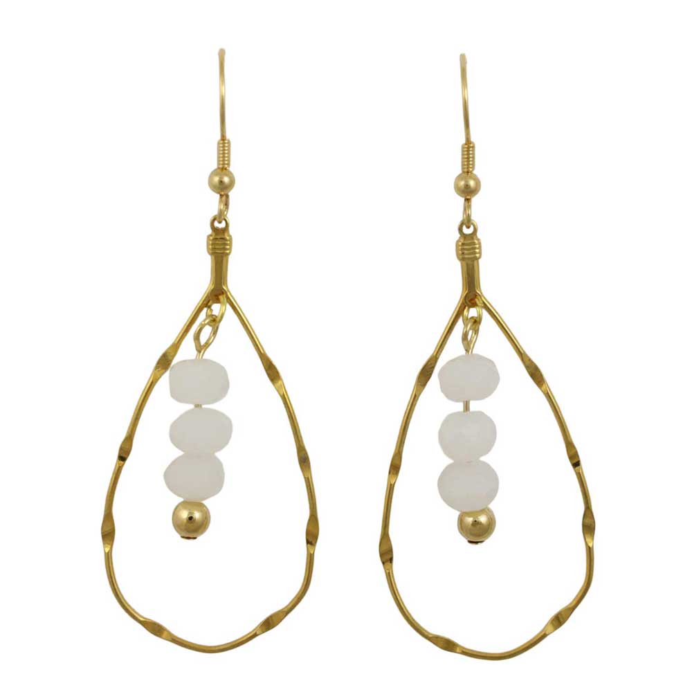 Gold teardrop earrings with white beads on a white background - Lilylin Designs