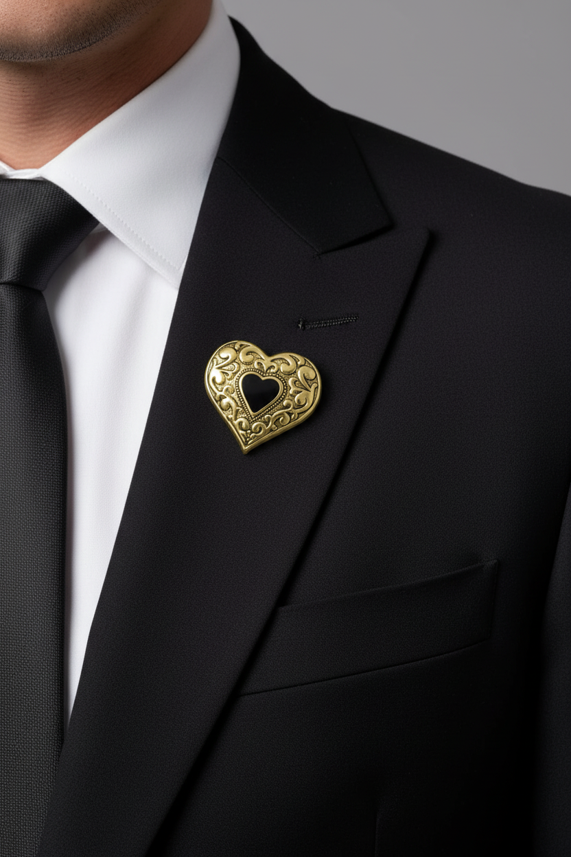 A close-up of a man wearing a black suit jacket, white dress shirt, black tie, and a gold heart-shaped brooch with an ornate filigree pattern and a smaller heart in the center. - Lilylin Designs