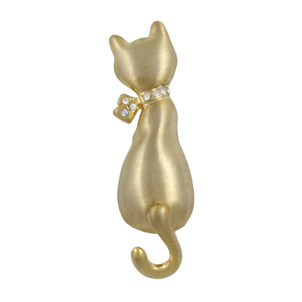 Matte Gold Cat with Crystal Bow and Moving Tail Brooch - Lilylin Designs