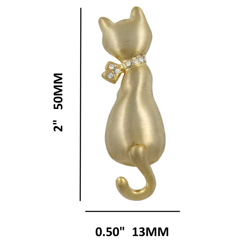 Matte Gold Cat with Crystal Bow and Moving Tail Brooch with measurements - Lilylin Designs