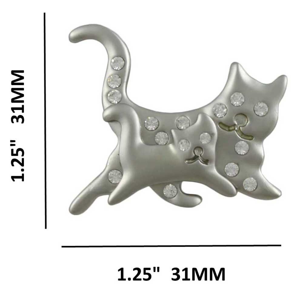 Matte Silver Mom and Baby Running Cats Brooch Pin shown with measurements - Lilylin Designs