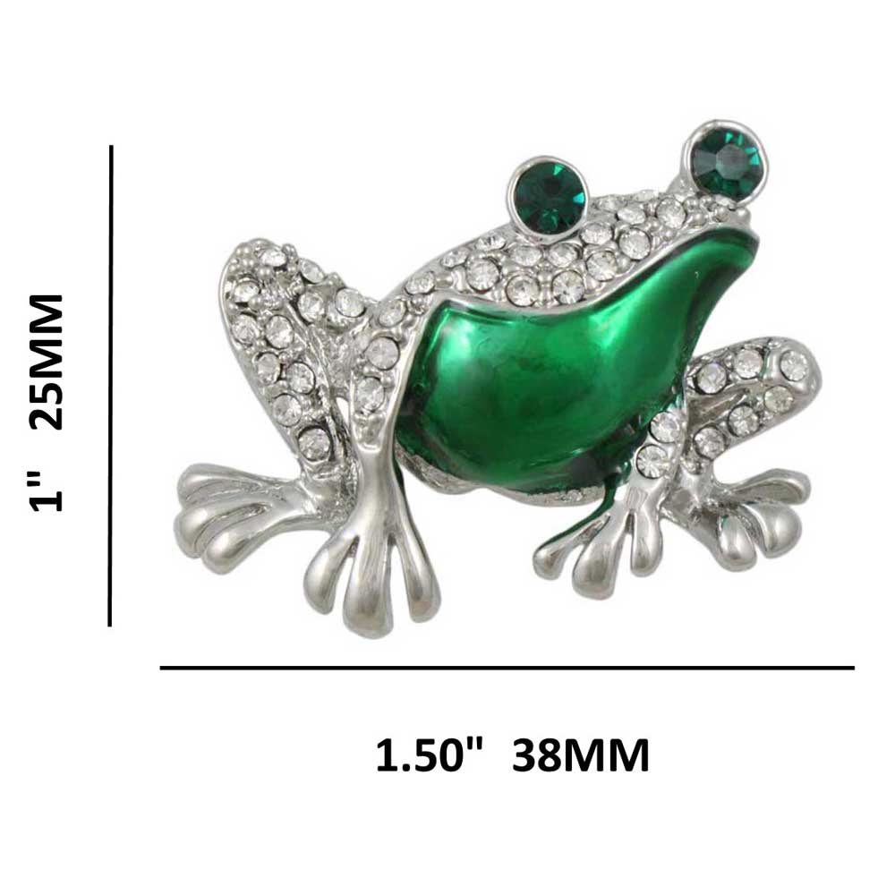 Frog with Metallic Green Enamel Belly Brooch Pin shown with measurements - Lilylin Designs