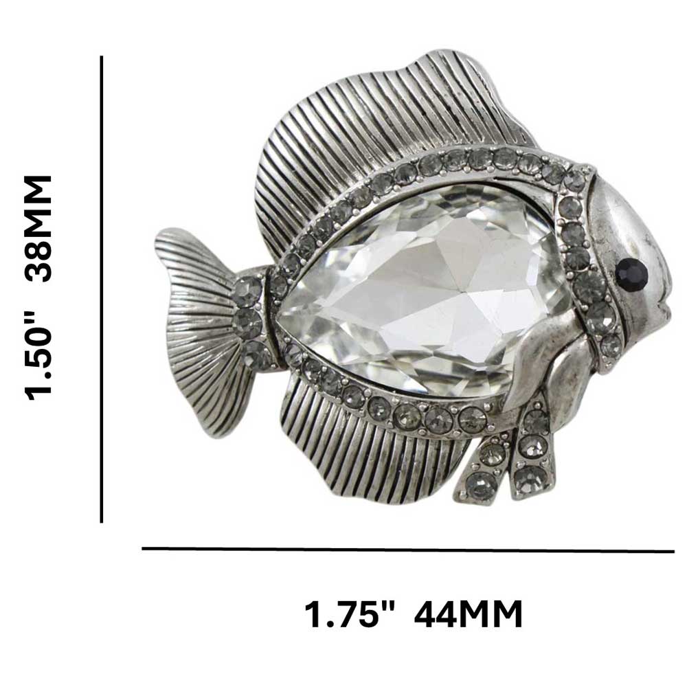 Fish with Mirror Belly and Gray Crystals Brooch Pin with measurements - Lilylin Designs