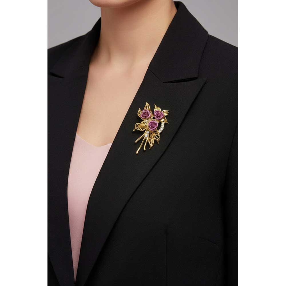 Model wearing 3 pink roses with leaves brooch pin on a black jacket with a pink top - Lilylin Designs