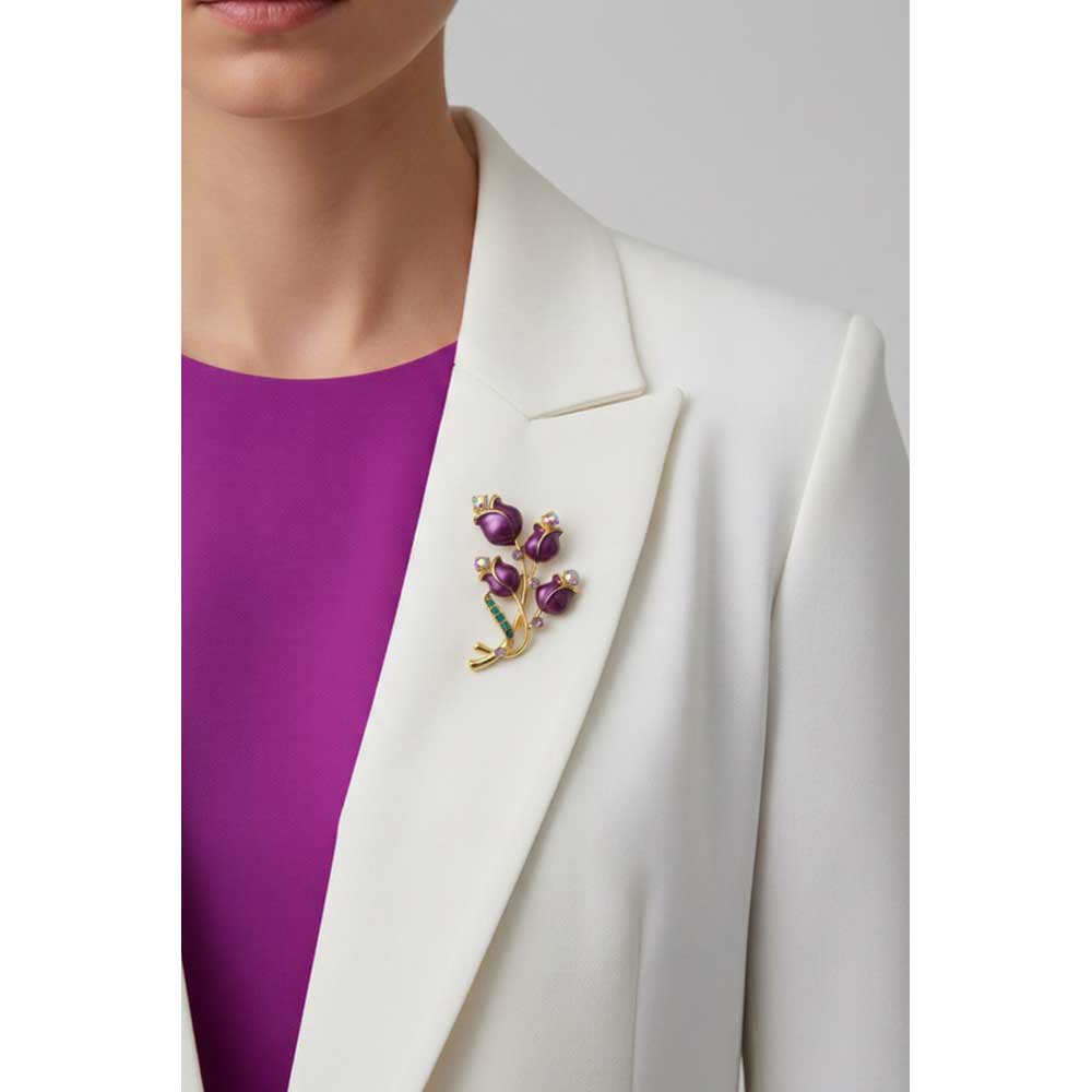 Model wearing 4 bright purple enamel roses brooch pin on a white jacket with a bright purple top - Lilylin Designs