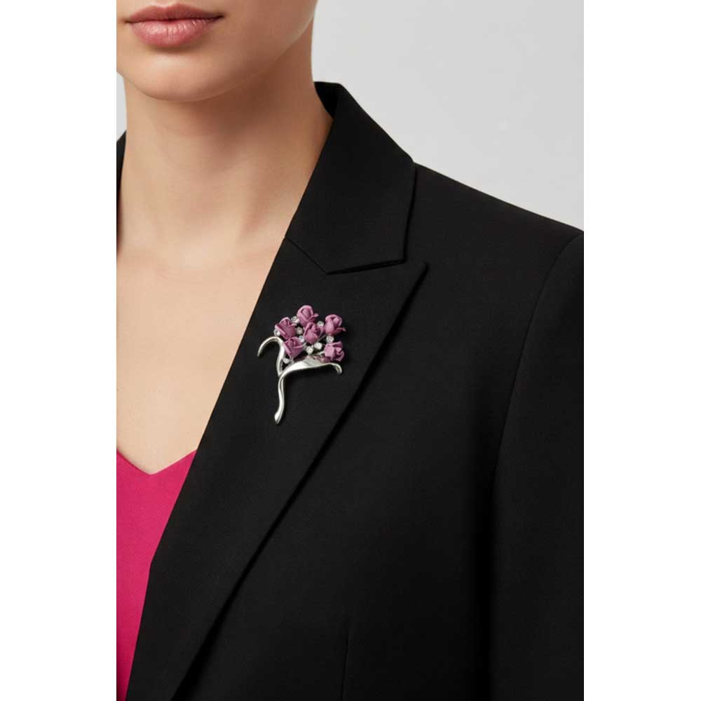 Model wearing 6 lavender roses bouquet brooch pin on a black jacket - Lilylin Designs