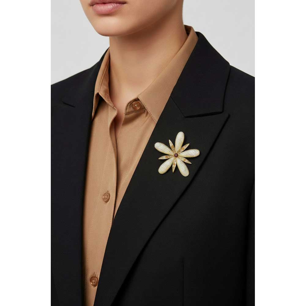Model wearing AB Acrylic flower pin on a black jacket with a brown shirt - Lilylin Designs