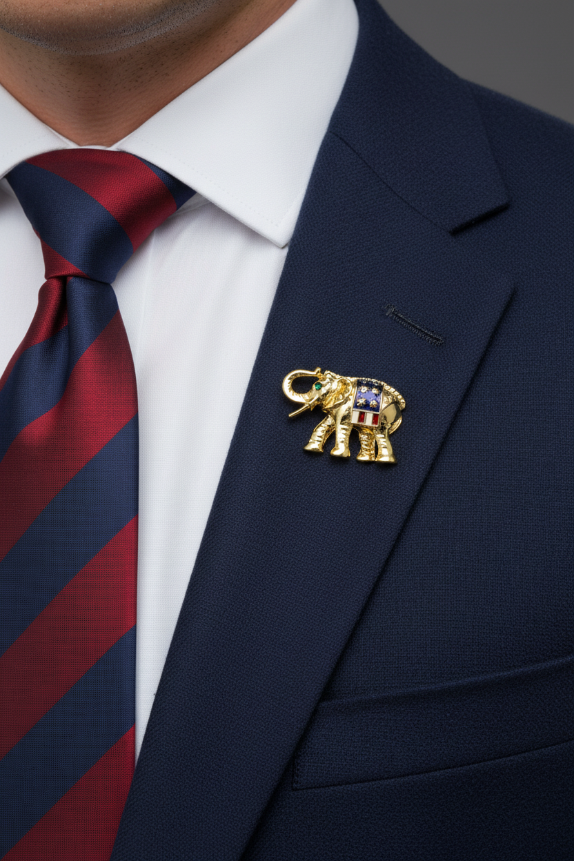 Model wearing patriotic red white and blue elephant brooch pin - Lilylin Designs