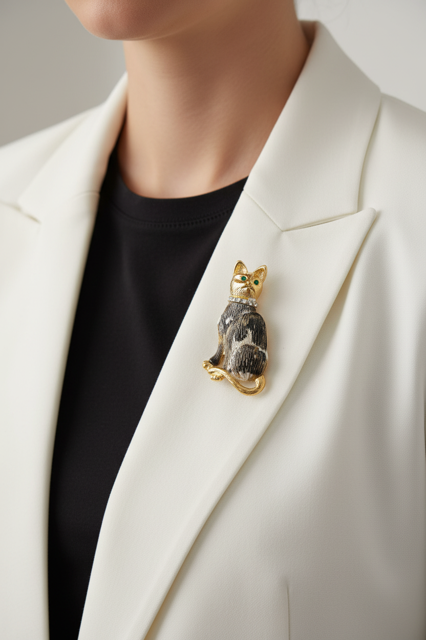 Model wearing black and white textured cat pin on a white jacket - Lilylin Designs