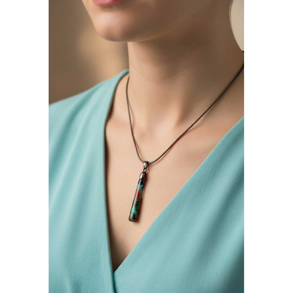 Model wearing Black glittering bar necklace with a aqua shirt - Lilylin Designs