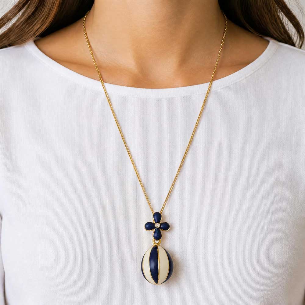 Model wearing Blue and white striped egg necklace - Lilylin Designs