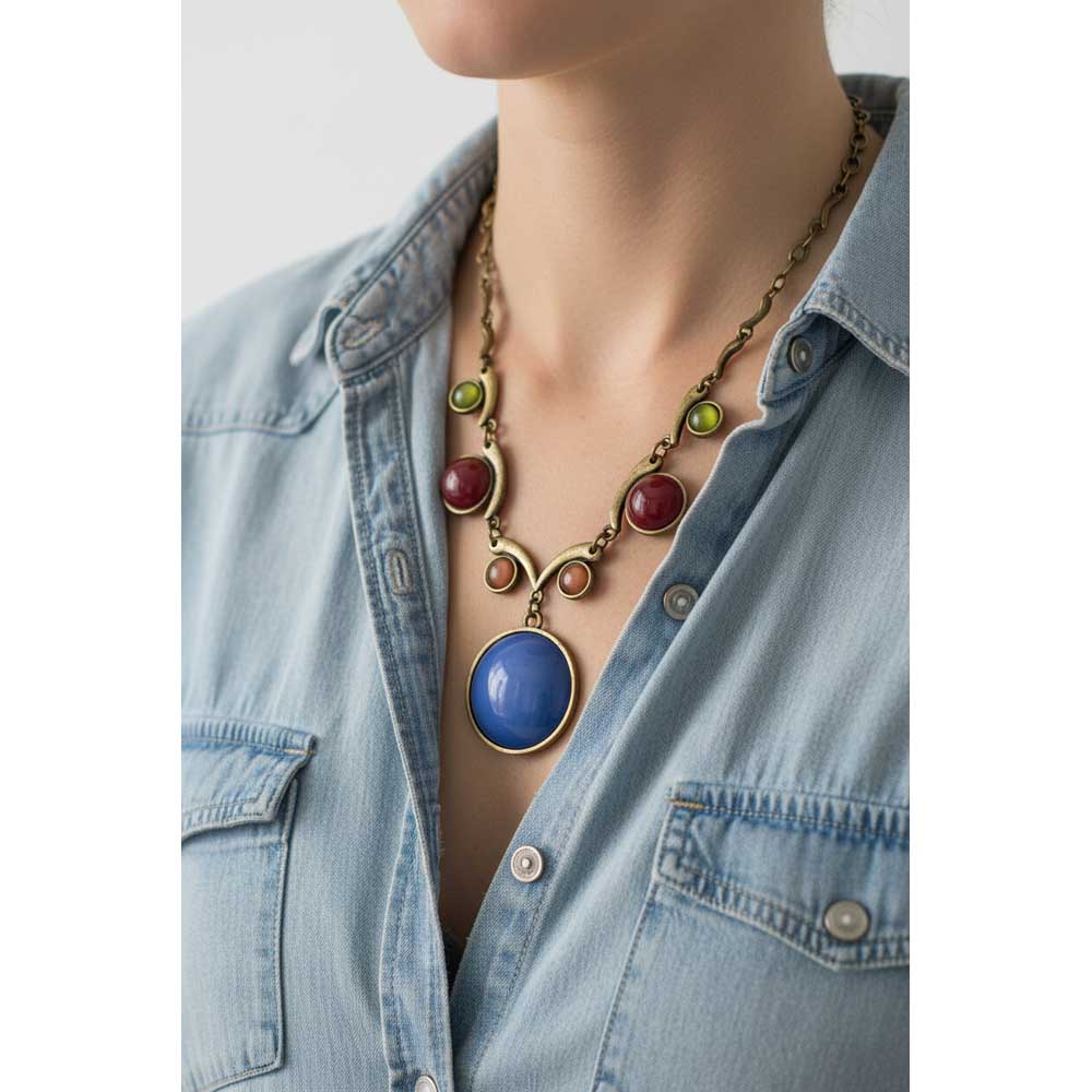 Model wearing Blue stone necklace with a denim shirt - Lilylin Designs