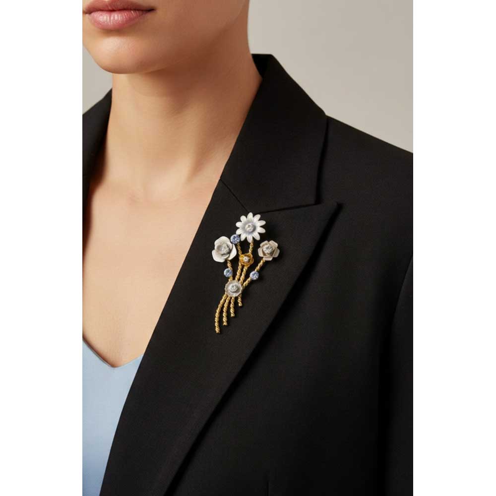 Model wearing Bouquet of gray flowers brooch pin on a black jacket - Lilylin Designs