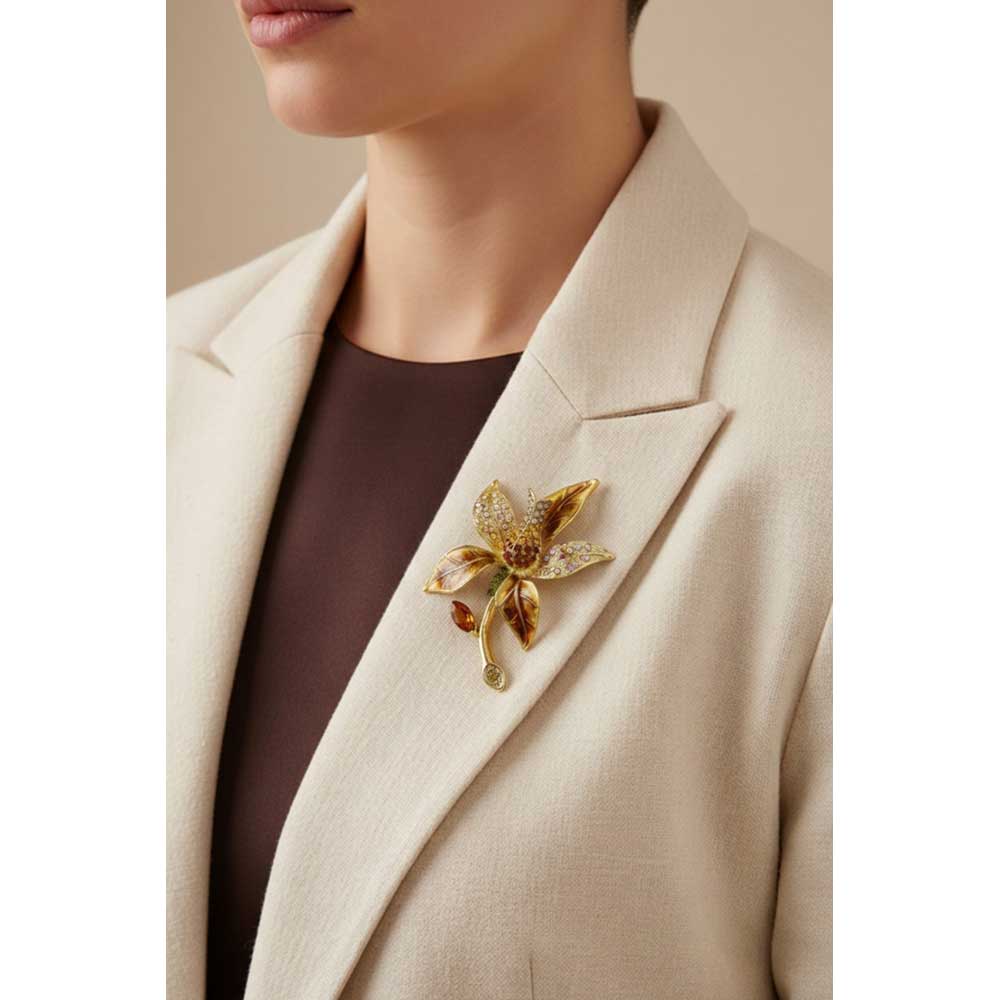 Model wearing Brown crystal tulip pin on a cream jacket with a brown top - Lilylin Designs