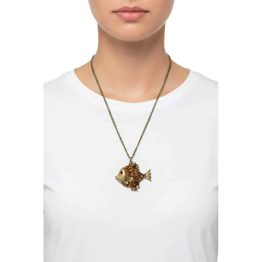 Model wearing Brown fish necklace with a white t-shirt - Lilylin Designs