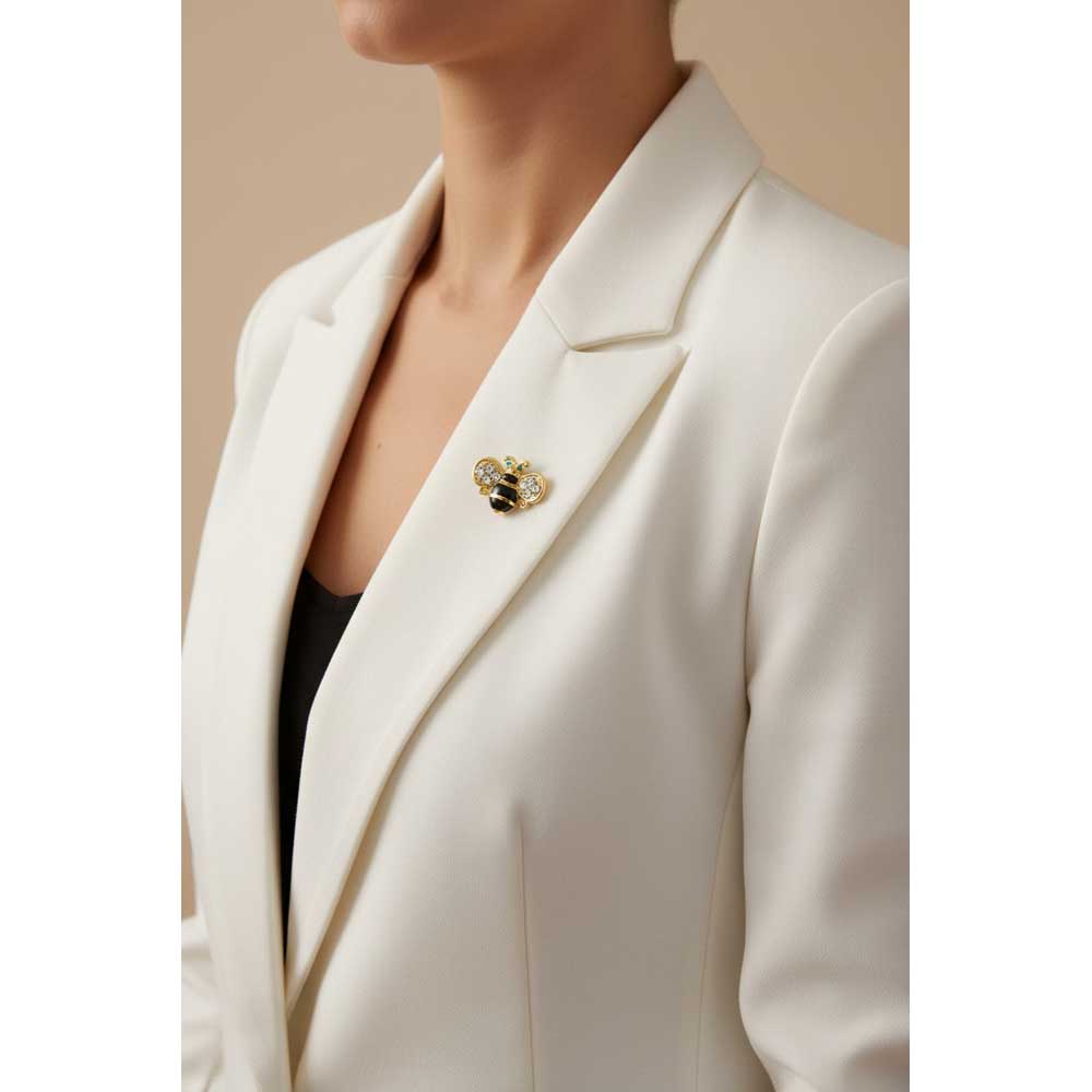 Model wearing Bumblebee lapel tac pin on a white jacket with a black top - Lilylin Designs