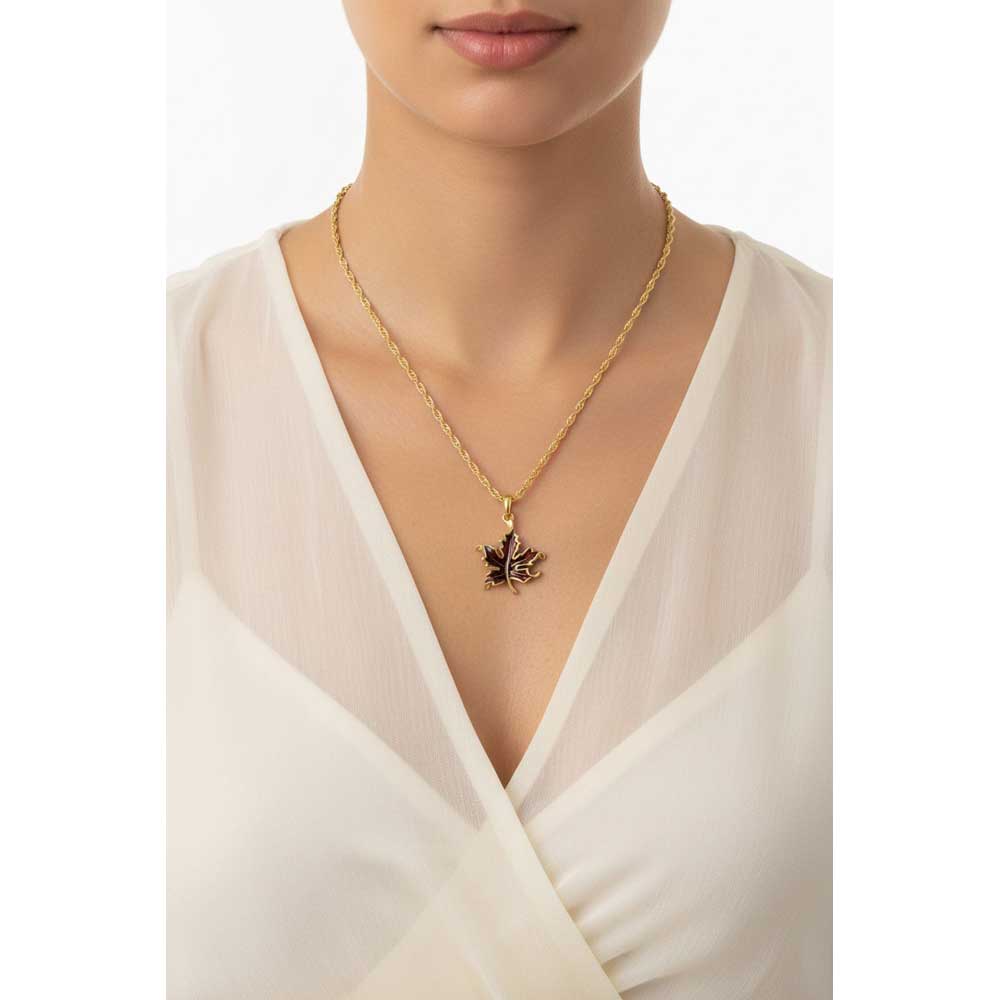 Model wearing Burgundy maple leaf necklace with a sheer white top - Lilylin Designs