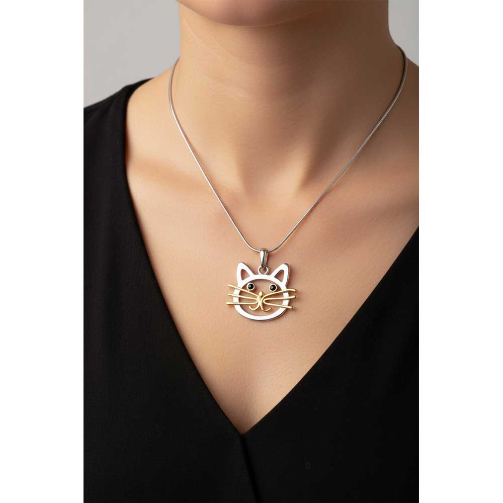 Model wearing silver and gold cat head necklace with a black top - Lilylin Designs