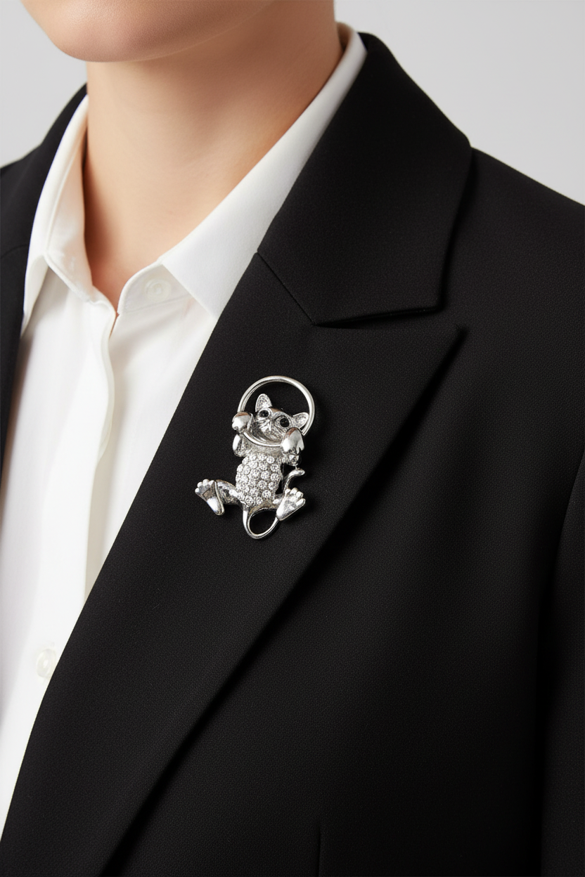 Model wearing crystal cat peeping through hoop pin on a black jacket - Lilylin Designs