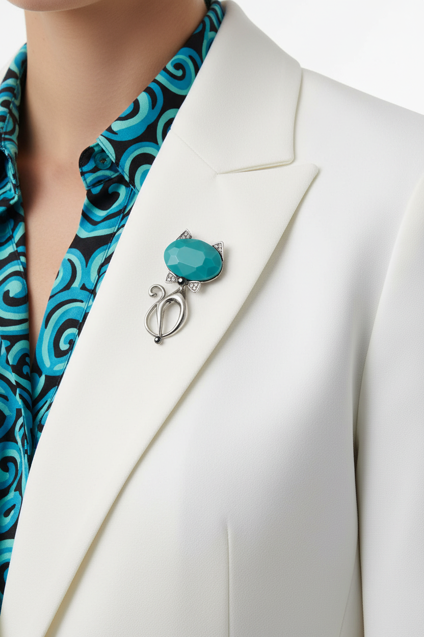 Model wearing cat with large blue head brooch pin a a white jacket - Lilylin Designs