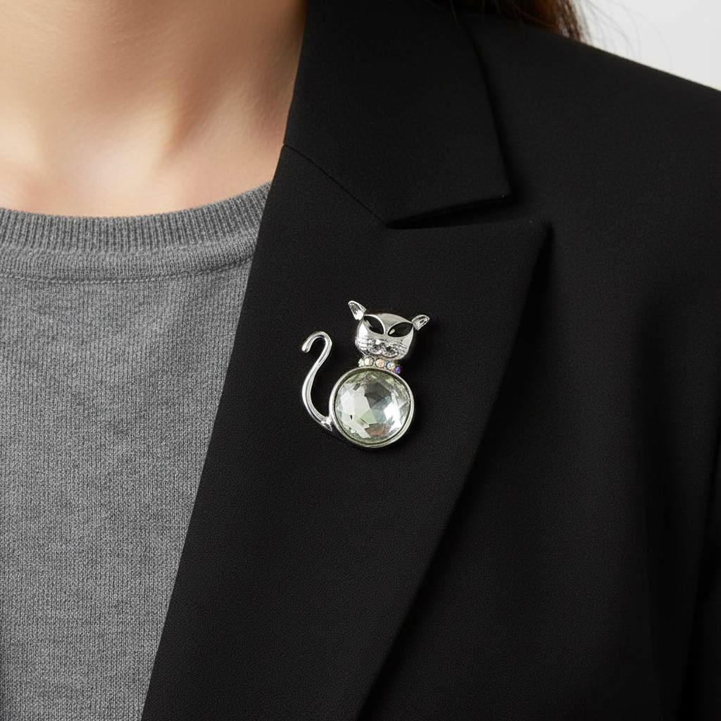 Model wearing cat with mirror belly pin an a black jacket - Lilylin Designs