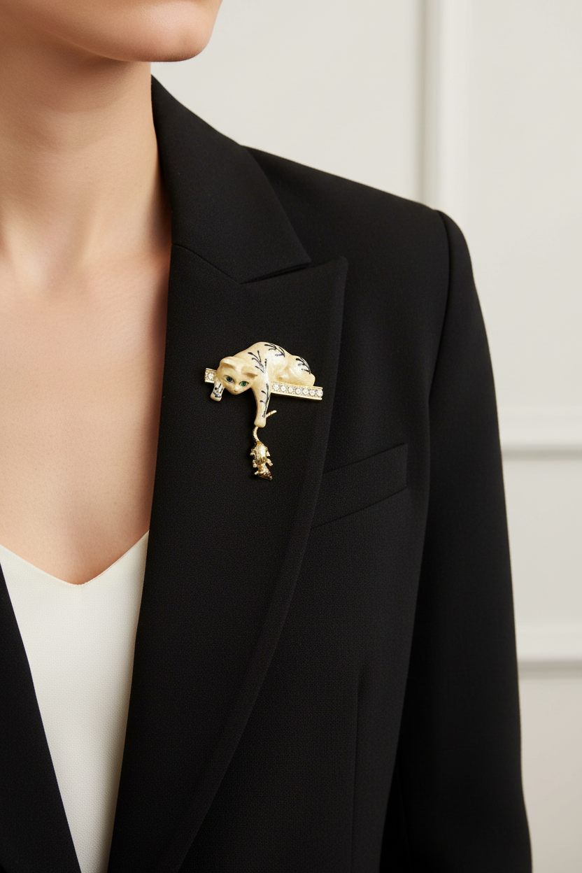 Model wearing cream cat with gold mouse brooch pin an a black jacket - Lilylin Designs
