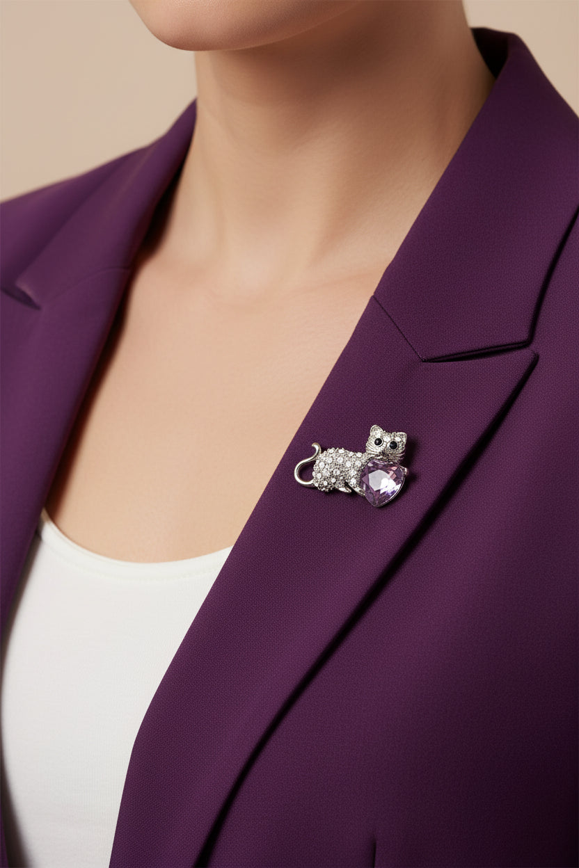 Model wearing Crystal Cat with Large Purple Heart Brooch Pin - Lilylin Designs