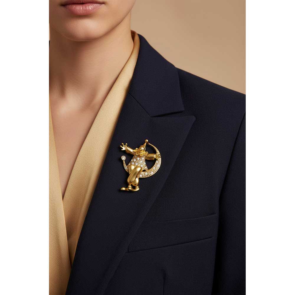 Model wearing Clown on the moon brooch pin  on a navy blue blazer with a gold shirt - Lilylin Designs