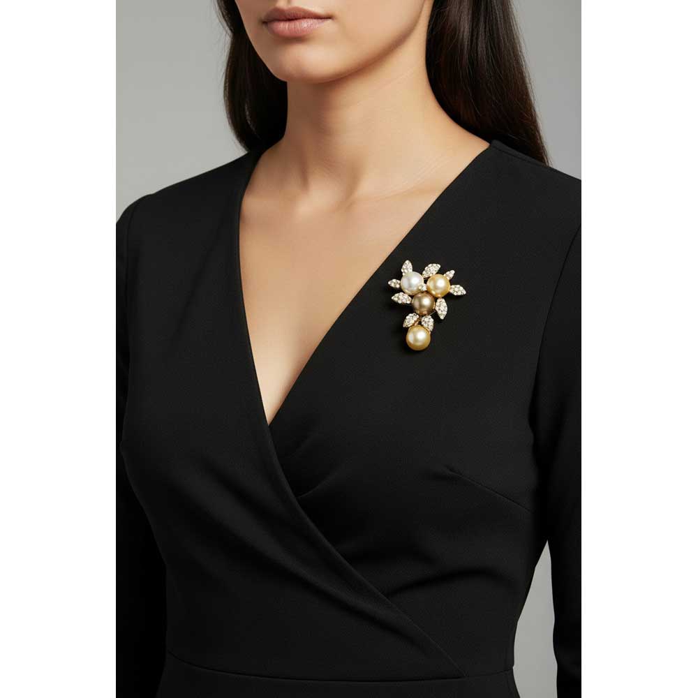 Model wearing Cream brown and yellow pearls pin on a black wrap dress - Lilylin Designs