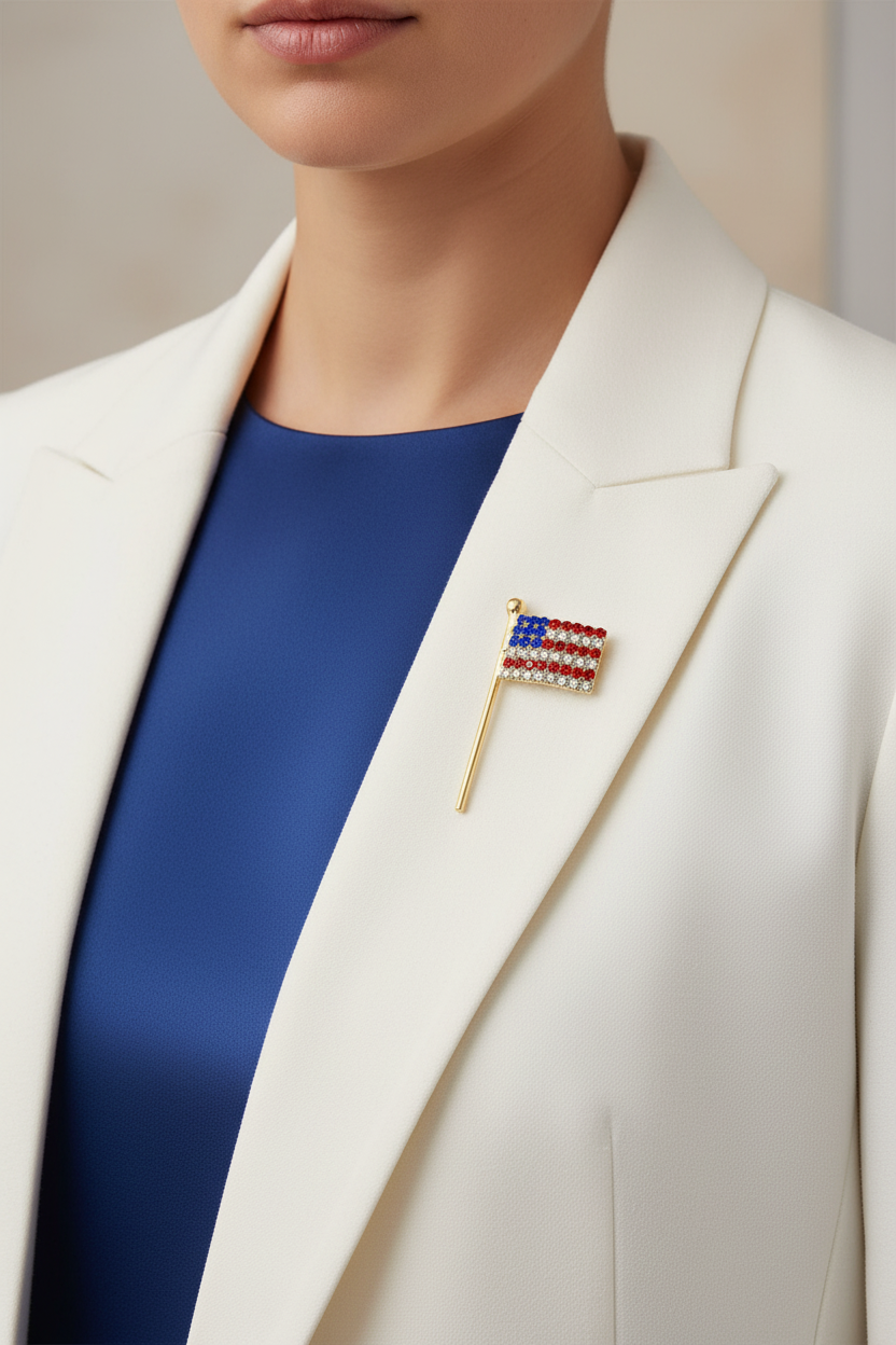 Model wearing crystal American flag pin on a white jacket - Lilylin Designs
