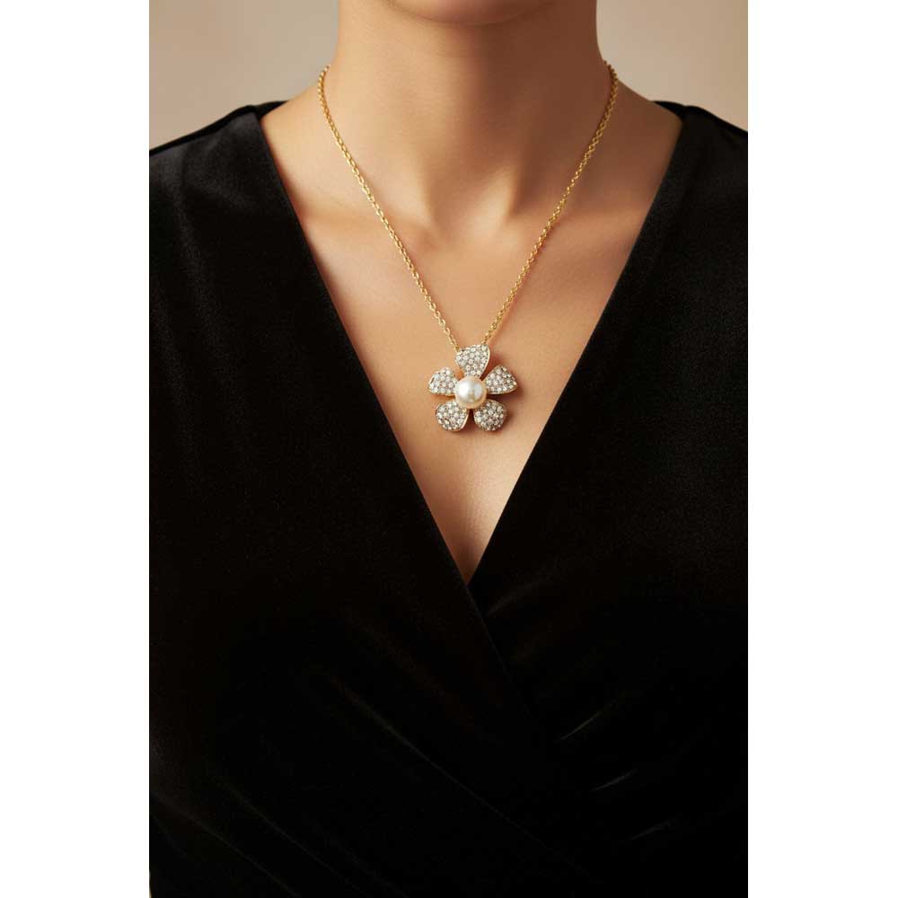 Model wearing Crystal and pearl flower necklace with a black dress - Lilylin Designs