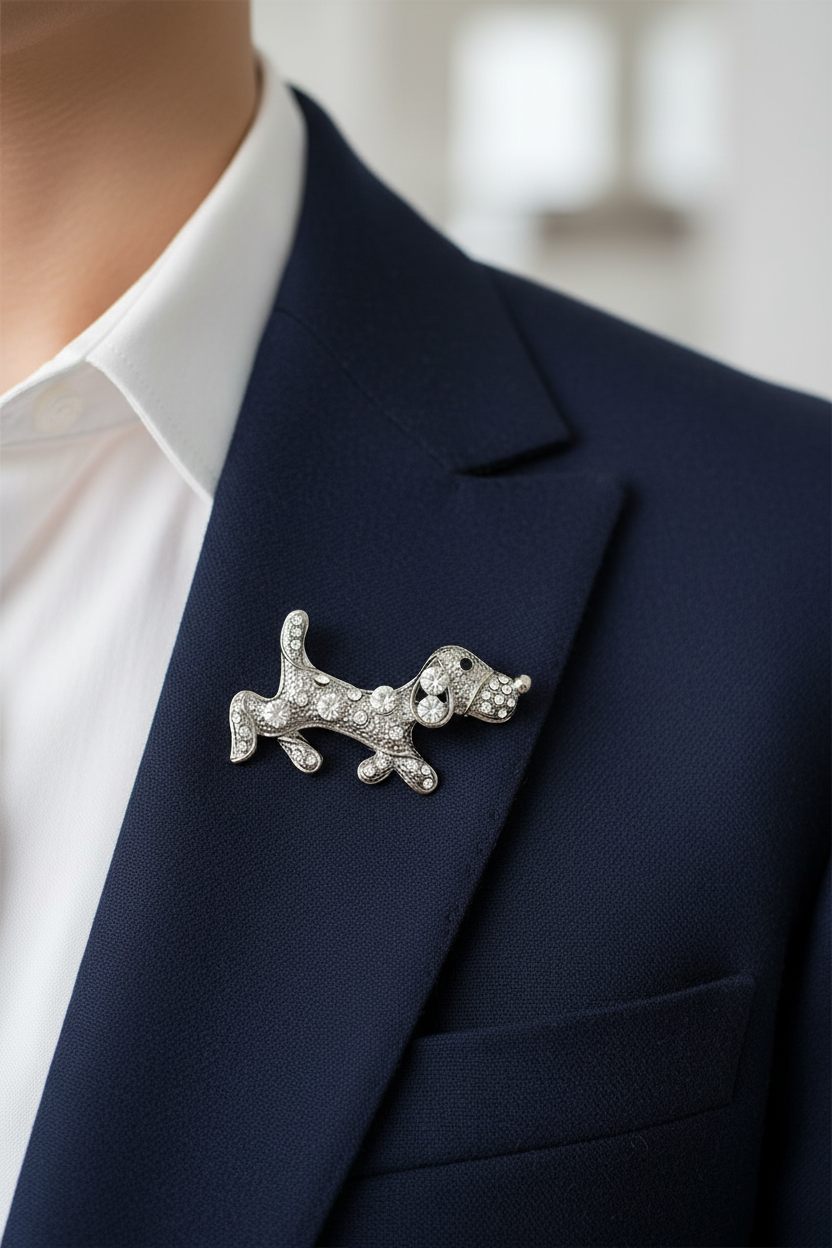Crystal beagle dog pin worn by a man in navy blue jacket - Lilylin Designs