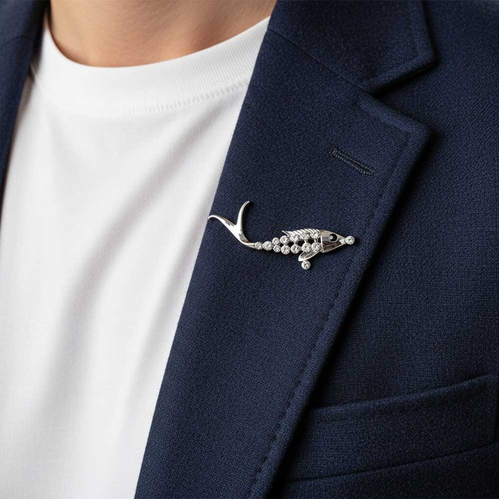 Model wearing Crystal bony fish brooch pin on a blue jacket - Lilylin Designs