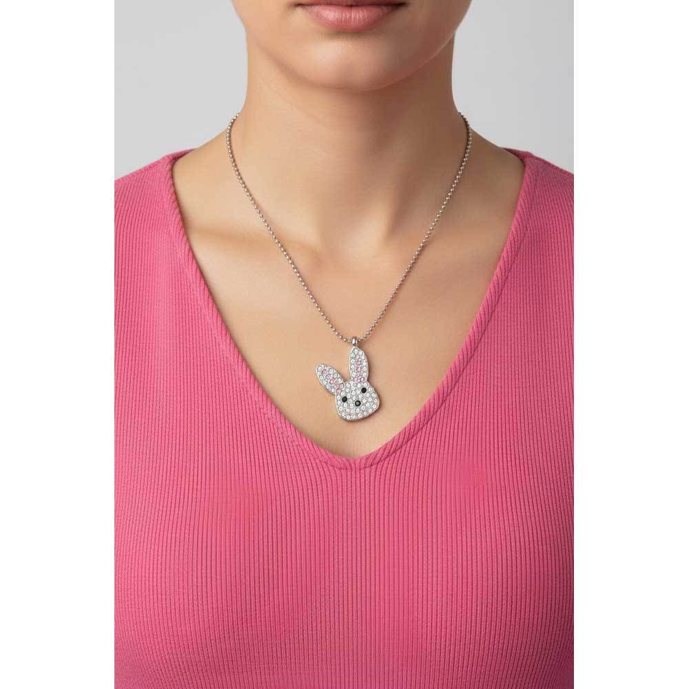 Model wearing Crystal bunny head necklace with a pink top - Lilylin Designs
