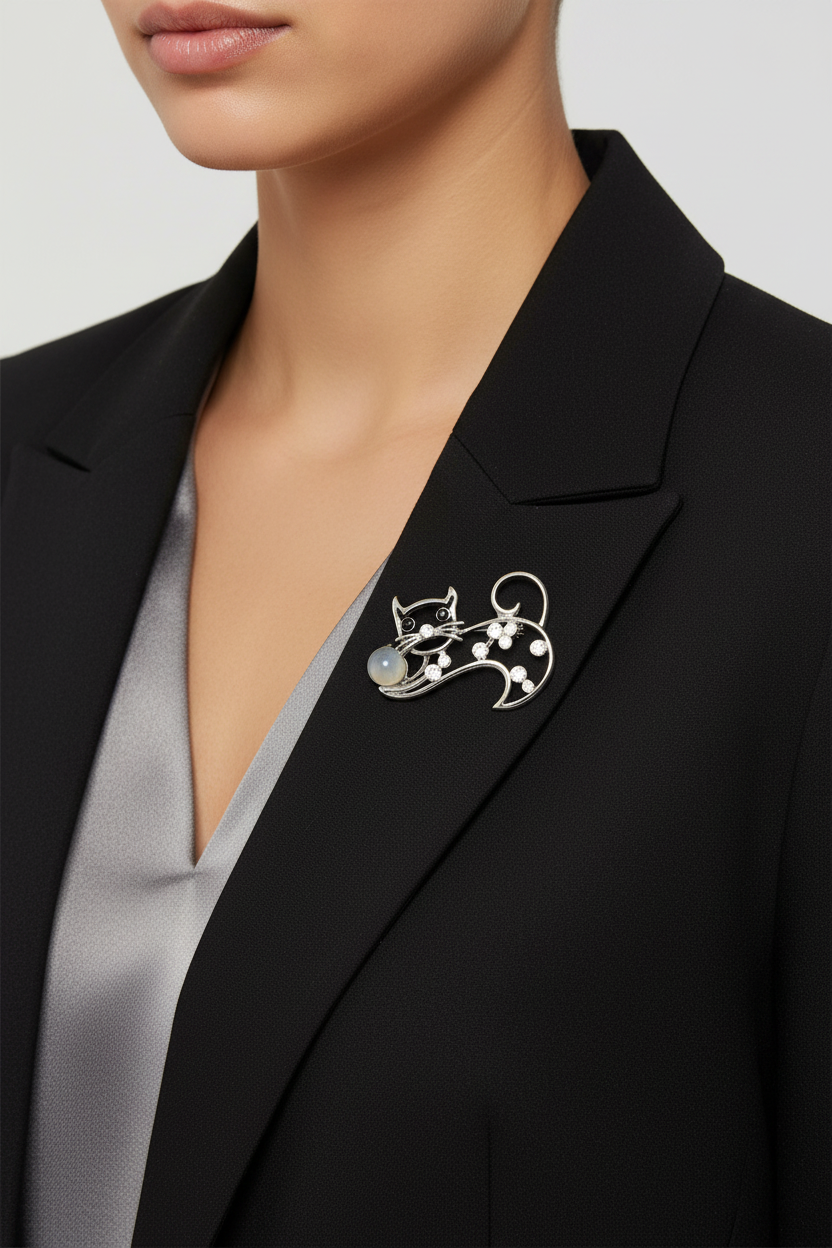 Model wearing crystal cat with ball pin on a black jacket - Lilylin Designs