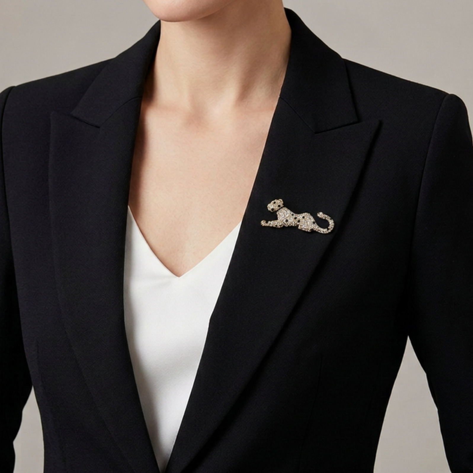Model wearing Cheetah Brooch Pin with Black and Clear Crystal Spots - Lilylin Designs