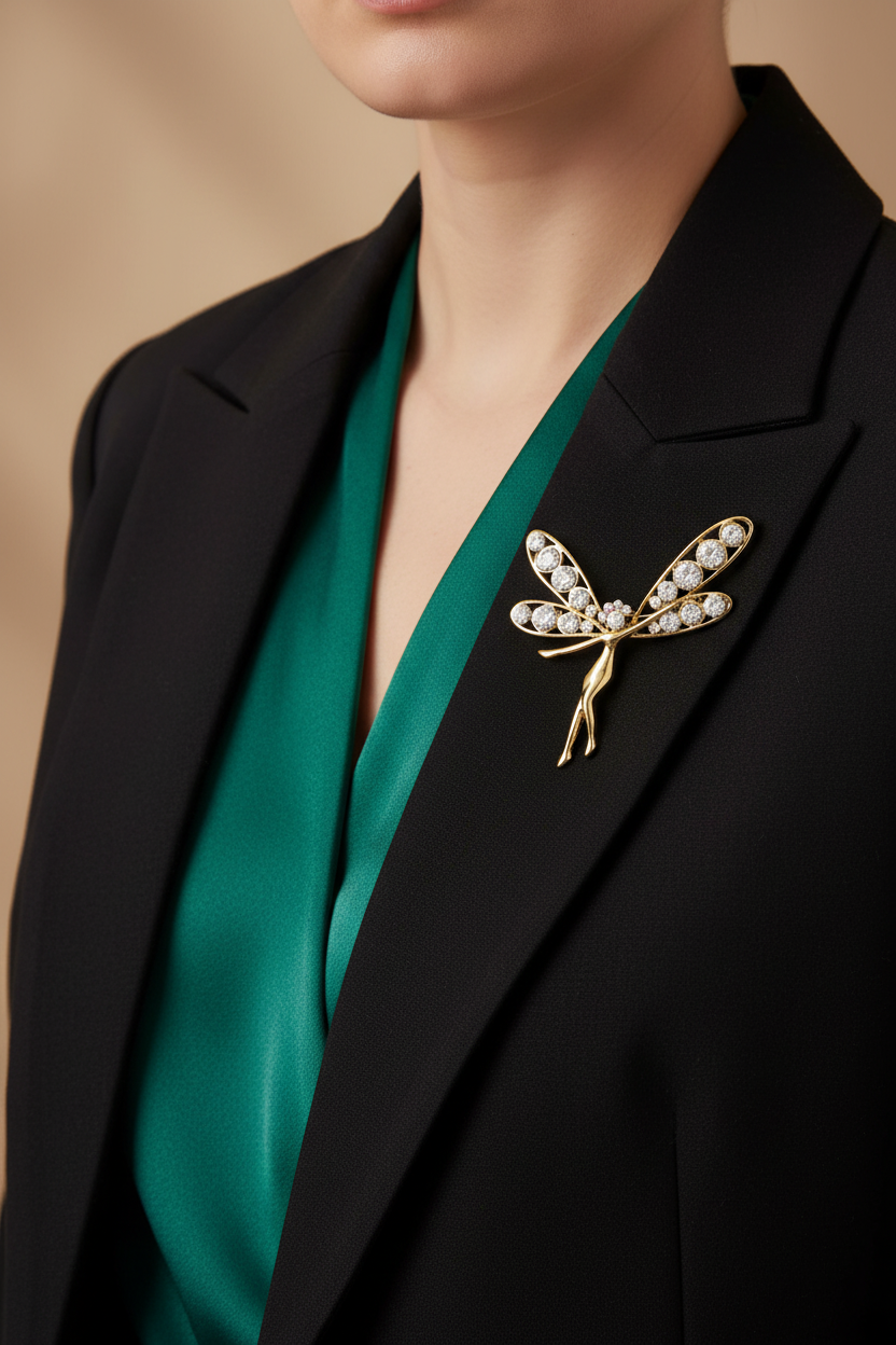 Model wearing crystal fairy with large wings brooch pin on a black jacket - Lilylin Designs